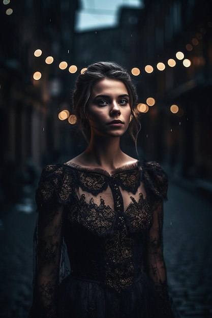 Uma mulher está em um beco em um vestido preto com luzes ao fundo.