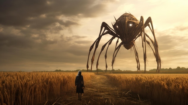 Uma mulher está em um campo com uma aranha gigante na frente.