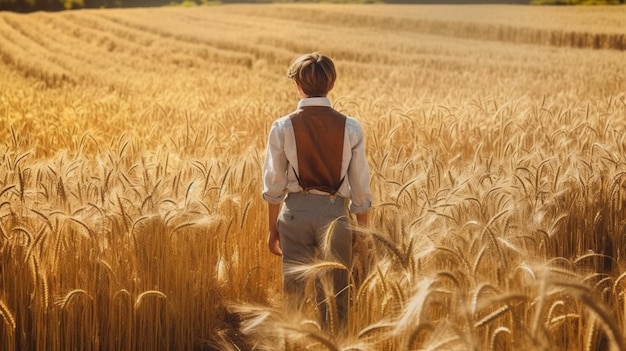 Uma mulher está em um campo de trigo.