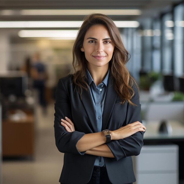 uma mulher está em um escritório com os braços cruzados