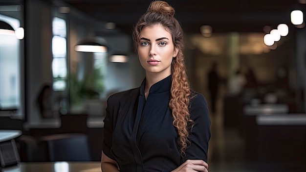 Uma mulher está em um escritório escuro com os braços cruzados e o cabelo puxado para trás.