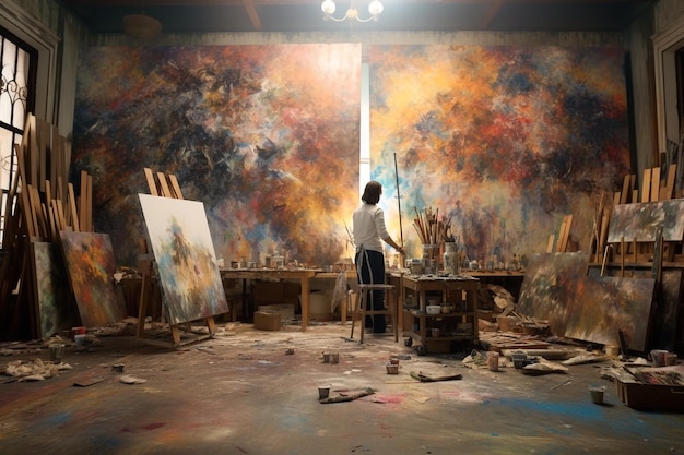 Uma mulher está em um estúdio de pintura com uma grande pintura na parede.