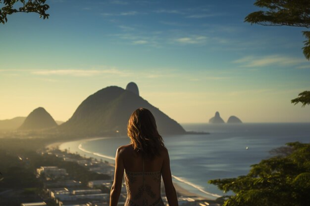 Foto uma mulher está em um penhasco com vista para o oceano.