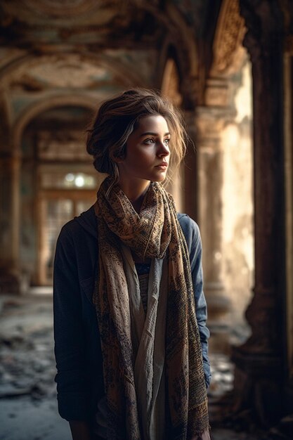 Uma mulher está em um prédio abandonado com um lenço que diz 'a palavra amor' nele