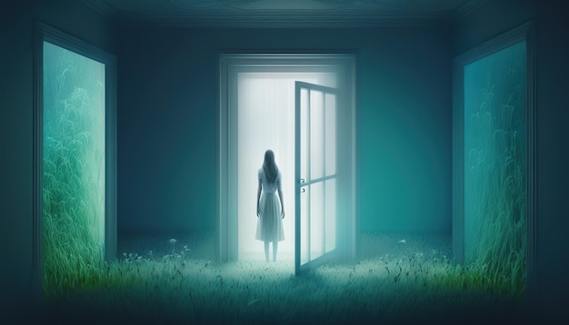 Uma mulher está em um quarto escuro com uma porta aberta e a luz brilhando.