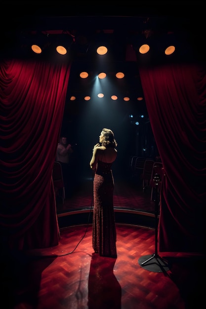 Foto uma mulher está em um vestido vermelho na frente de um palco com uma cortina vermelha