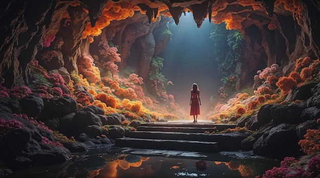 Foto uma mulher está em uma caverna cheia de fumaça colorida ela olha para uma nuvem colorida flutuante ai gen