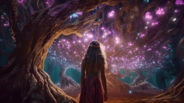 Uma mulher está em uma caverna com uma luz brilhante no centro.