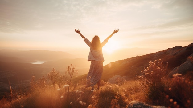 Uma mulher está em uma colina com os braços estendidos no ar, com o sol se pondo atrás dela.