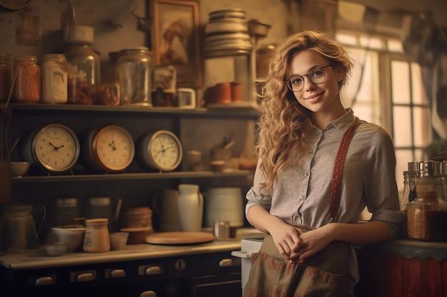 Uma mulher está em uma cozinha