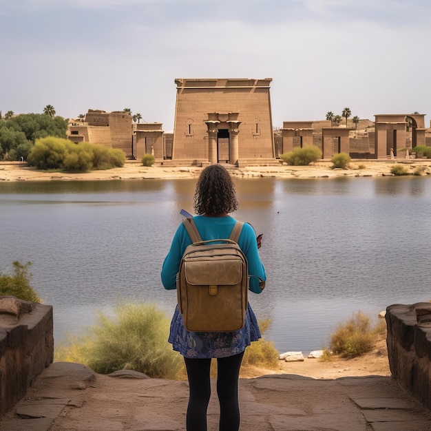 Uma mulher está em uma escada de pedra com vista para um lago