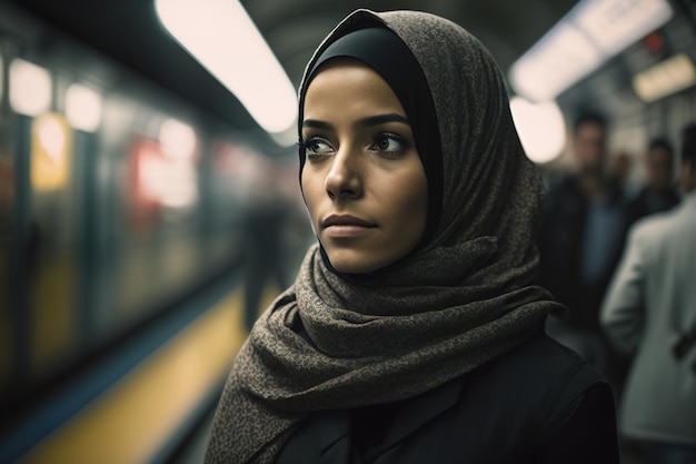 Uma mulher está em uma estação de metrô vestindo um hijab.