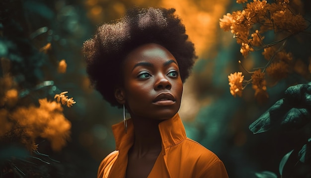 Uma mulher está em uma floresta com flores amarelas ao fundo