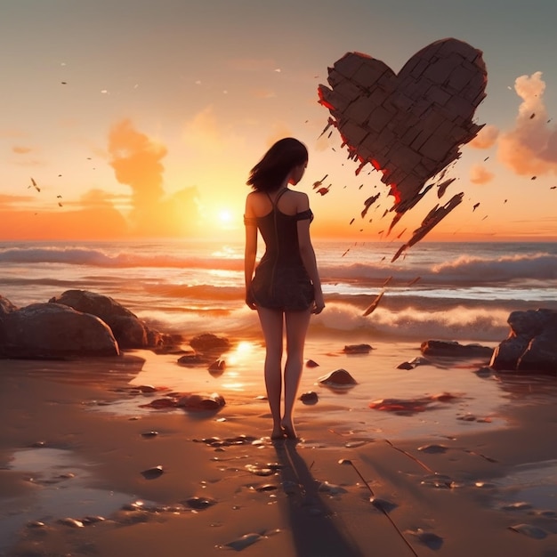 Uma mulher está em uma praia com um coração partido ao fundo.