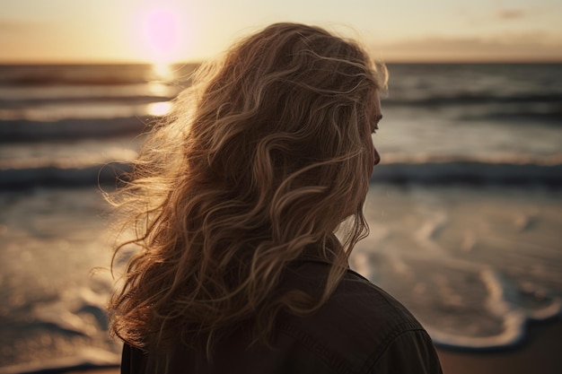 Uma mulher está em uma praia olhando o pôr do sol