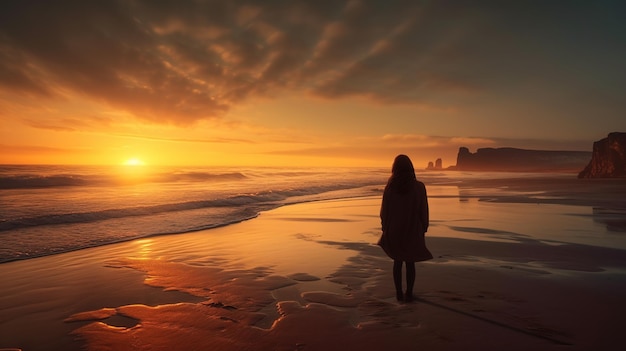 Uma mulher está em uma praia olhando o pôr do sol