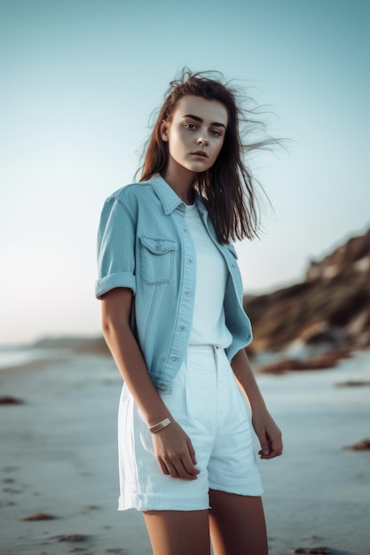 Uma mulher está em uma praia vestindo uma camisa azul e calça branca.