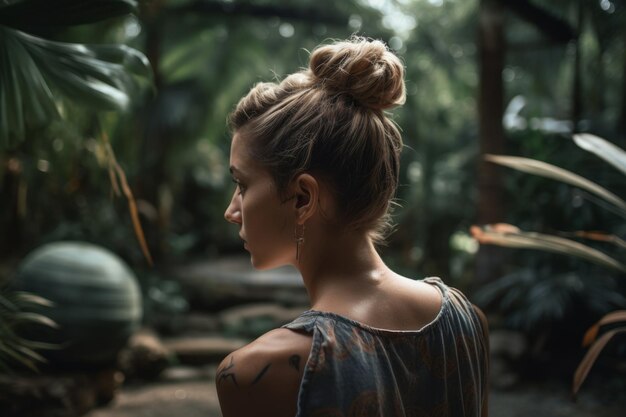 Uma mulher está em uma selva com o cabelo preso em um coque.