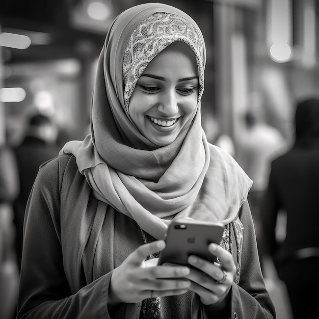 uma mulher está enviando mensagens de texto em seu telefone e sorrindo