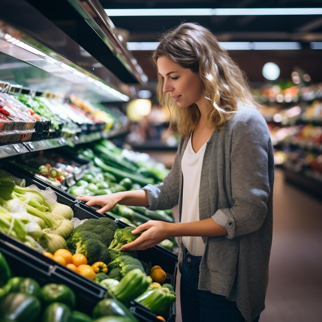 Uma mulher está escolhendo brócolis no supermercado