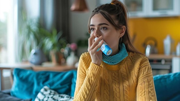 uma mulher está escovando os dentes com um objeto azul e branco