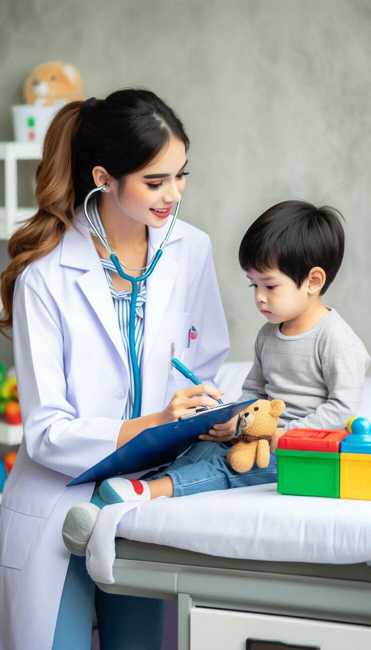 Foto uma mulher está escrevendo com uma criança e o médico está olhando para um livro