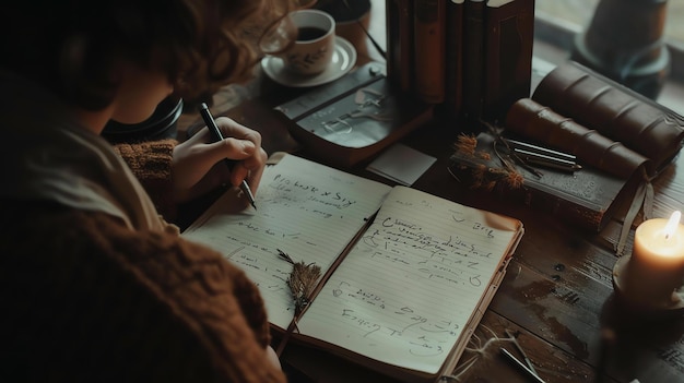 Foto uma mulher está escrevendo em seu diário ela está sentada em uma mesa de madeira em uma sala aconchegante há uma xícara de café e alguns livros na mesa