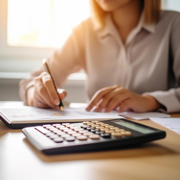 Uma mulher está escrevendo em uma calculadora e está sentada em uma mesa com uma pilha de papéis.