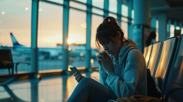 Foto uma mulher está esperando um voo usando seu smartphone e recebe notícias chocantes que a fazem começar a chorar uma pessoa chateada, triste e desapontada está sentada na sala de embarque de uma companhia aérea