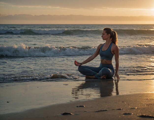 uma mulher está fazendo ioga na praia com o oceano ao fundo