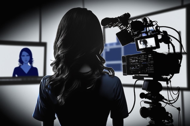 Uma mulher está filmando uma câmera de vídeo em um estúdio.