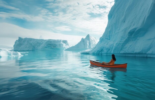 uma mulher está flutuando em uma canoa sob icebergs