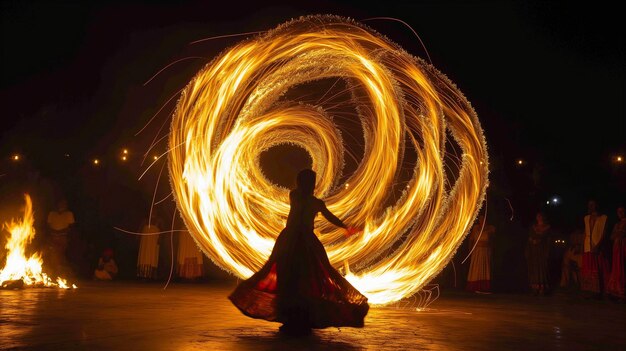 Foto uma mulher está girando uma bola de fogo com as palavras fogo sobre ele
