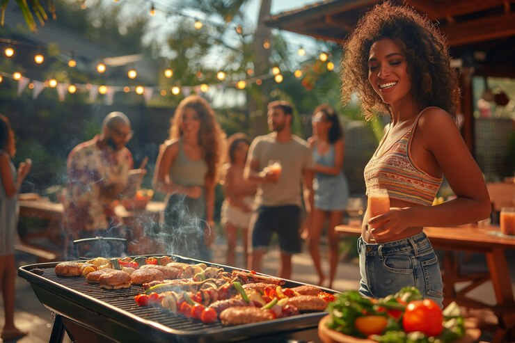 Uma mulher está grelhando comida e sorrindo enquanto um grupo de pessoas observa