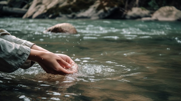 Uma mulher está lavando as mãos em um rio com uma pedra ao fundo.