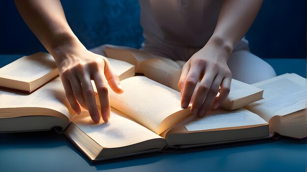 uma mulher está lendo um livro com as mãos abertas