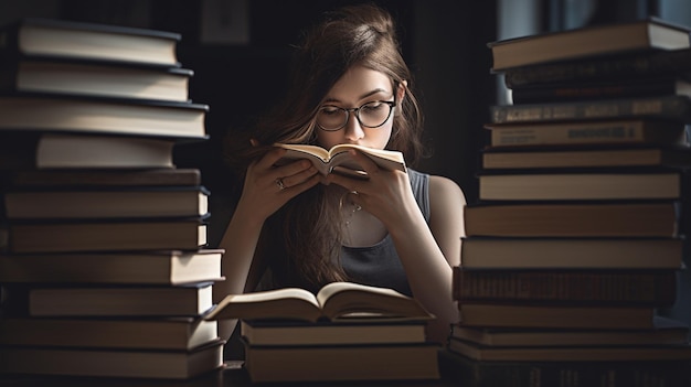 Uma mulher está lendo um livro em frente a uma pilha de livros.