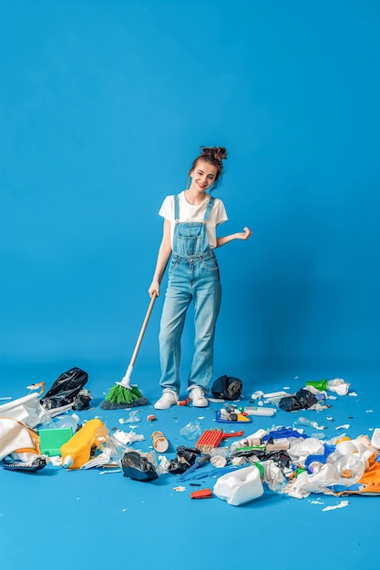Uma mulher está limpando uma pilha de lixo