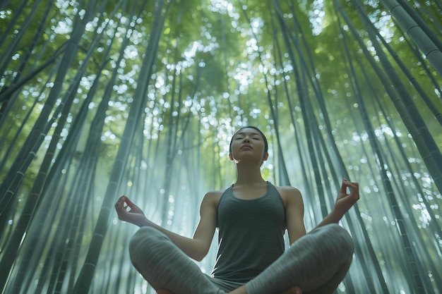 Uma mulher está meditando em uma floresta de bambu com os olhos fechados e as mãos no ar com ela