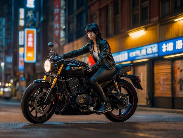 uma mulher está montando uma motocicleta na frente de uma loja que diz chinês