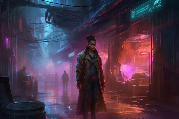 Uma mulher está na chuva em uma cidade cyberpunk.