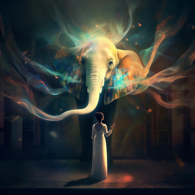 Uma mulher está na frente de um grande elefante com um vestido branco.
