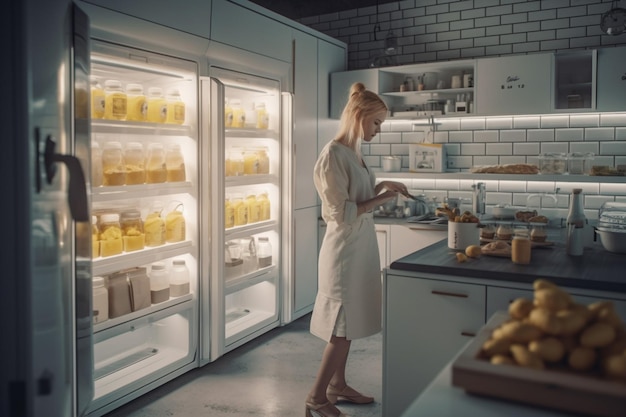 Uma mulher está na frente de uma geladeira com uma porta branca que diz "líquido amarelo" nela.