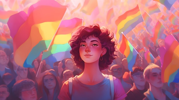 Uma mulher está na frente de uma multidão de pessoas segurando bandeiras de arco-íris.