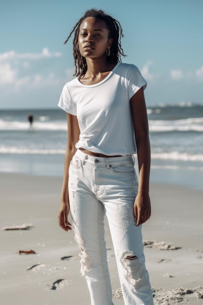 Uma mulher está na praia vestindo jeans branco e uma camiseta branca.