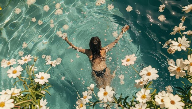 Uma mulher está nadando em uma piscina com flores ao seu redor