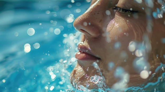 Uma mulher está nadando em uma piscina com os olhos fechados