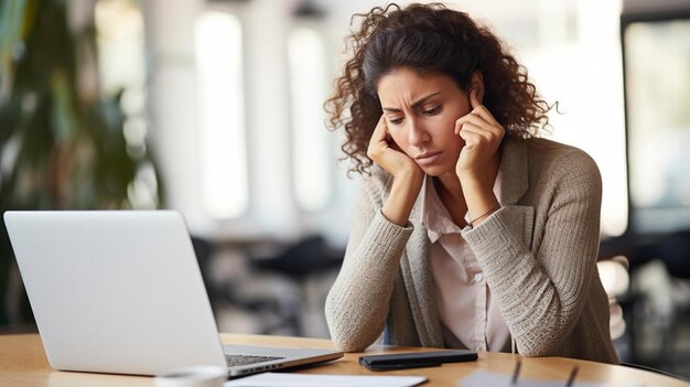 uma mulher está olhando para seu laptop e ela está olhando pra seu computador