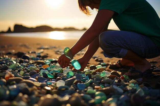 Foto uma mulher está olhando para uma pilha de vidro marinho