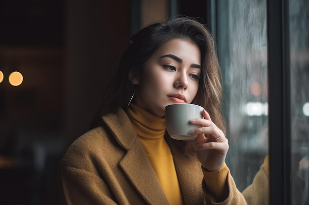 Uma mulher está olhando pela janela e tomando café.